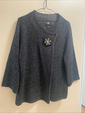 JM Collection Black and White Tweed Open-Front Cardigan with Decorative Brooch